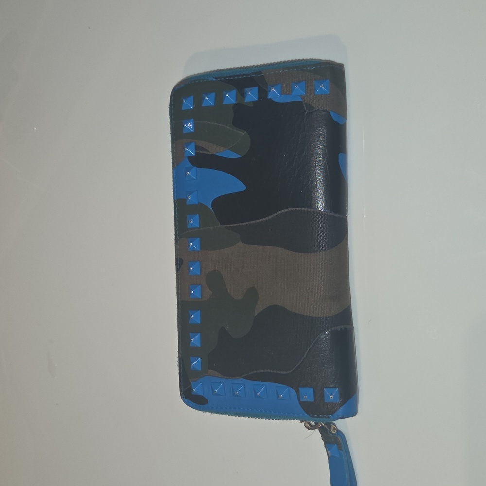 VALENTINO Camouflage Studded Wallet with Blue Accents